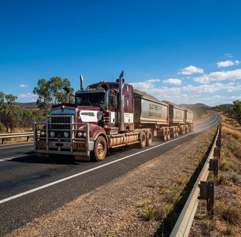 Low-angle wide-shot of a massive multi-combination truck on a regional Queensland highway, bright Australian daylight, rich saturated tones.