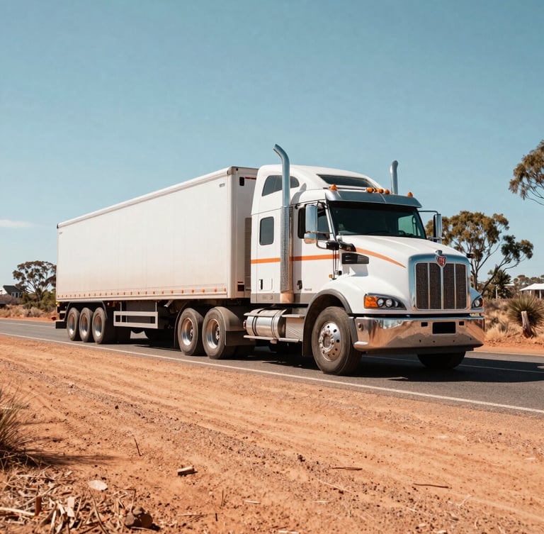 Low-angle wide-shot of a modern Kenworth multi-combination truck parked on a dusty Queensland highway shoulder, bright Australian daylight, rich saturated tones.
