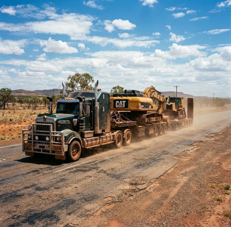 Low-angle wide shot of a modern multi-combination semi-truck hauling heavy industrial equipment on a dusty highway under bright Queensland daylight, 35mm photography