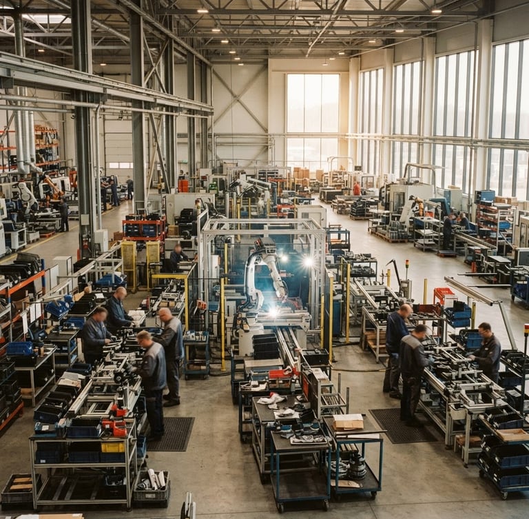 Wide panoramic shot of a bustling, modern manufacturing floor with machinery and workers, warm natural light, rich desaturated tones, medium format film style. Focus on the dynamic environment, not specific faces.