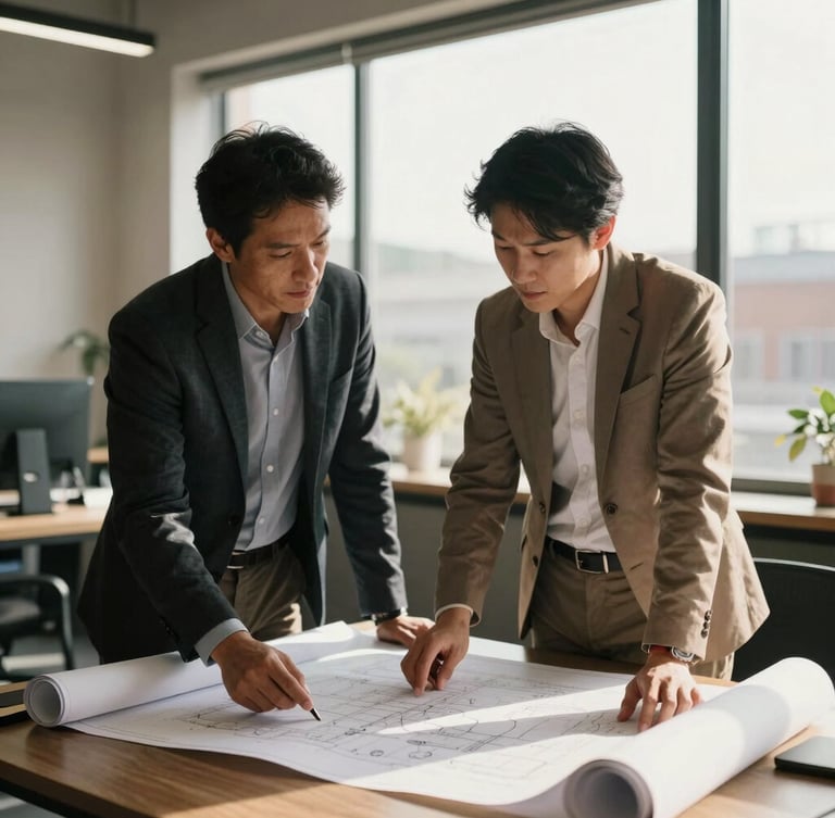 Warm environmental portrait of an advisor and a business owner discussing plans over blueprints in a sunlit office, natural ambient light, rich desaturated tones