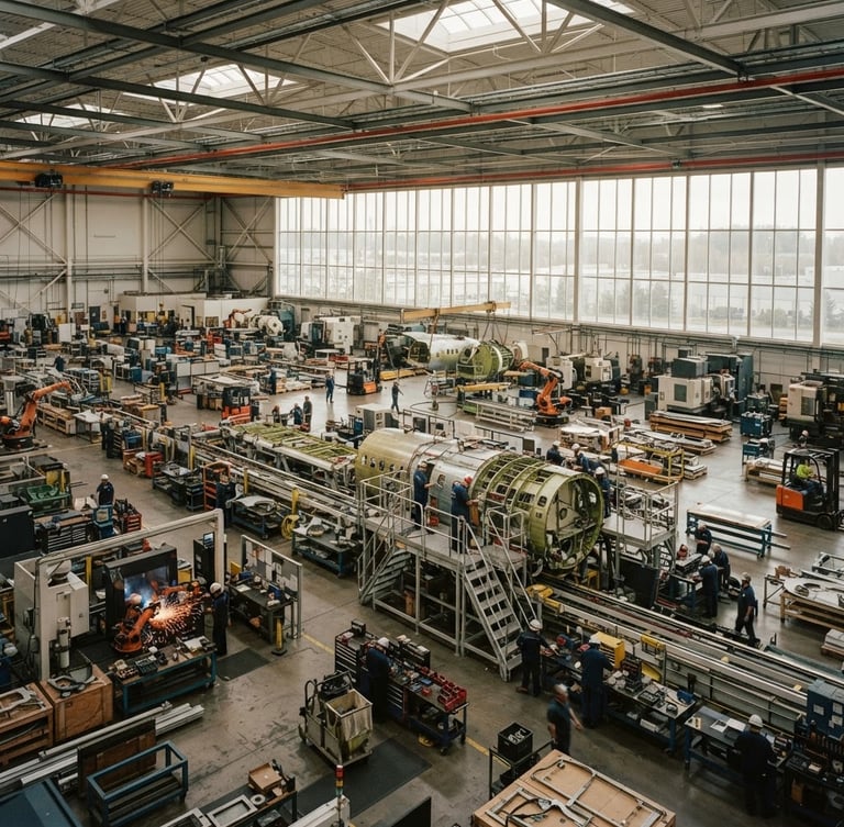 Wide panoramic view of a modern, active manufacturing floor, machinery running, natural light from large windows, rich desaturated tones, medium format film style. Focus on scale and activity.