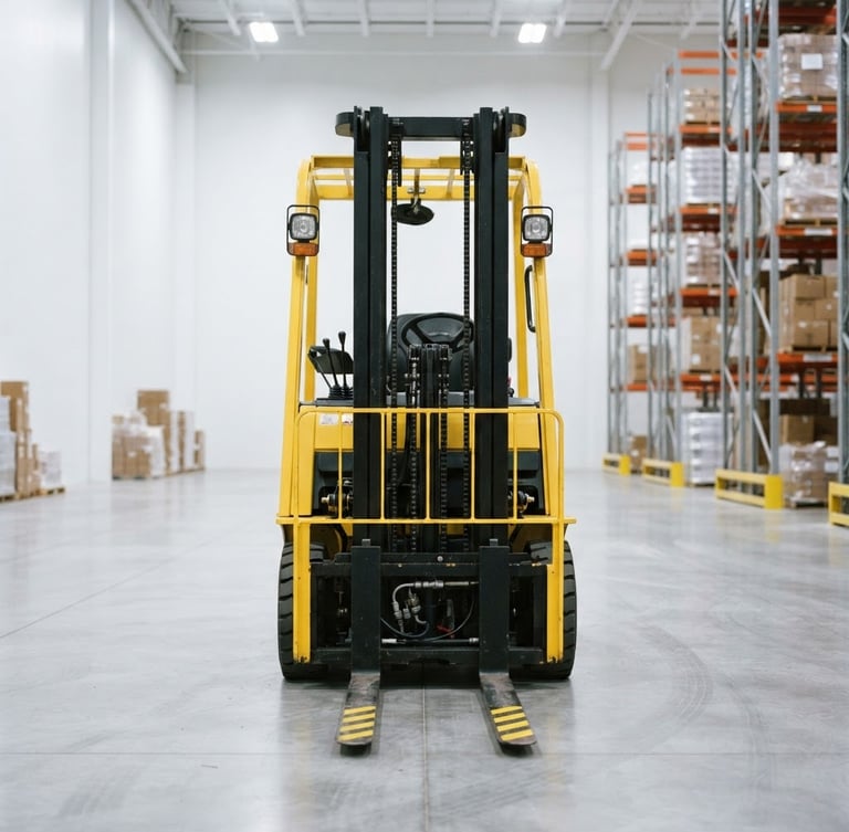 Low-angle hero shot of a stationary high-visibility yellow electric counterbalance forklift parked inside a bright, modern, high-key lit warehouse, sharp focus, 35mm lens