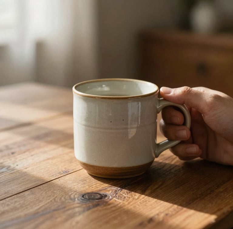 A hand holding a warm ceramic mug on a rustic wooden table, soft morning light, shallow depth of field.