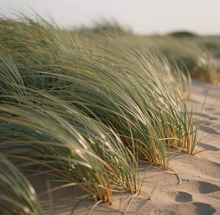 A close-up photograph of soft, wind-swept dune grass in the early morning light, gentle green and warm sand tones, shallow depth of field.