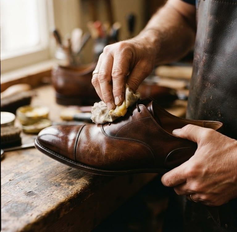 Close-up of master artisan hands applying natural wax to a premium brown leather oxford shoe, warm directional side-lighting highlighting the rich leather texture, shallow depth of field, 35mm film style