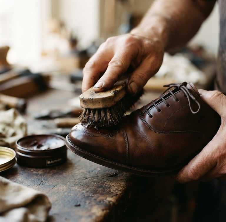 Macro shot of a master shoeshiner's hands applying rich dark wax to a premium leather oxford shoe with a horsehair brush, warm side-lighting highlighting the leather grain, shallow depth of field, 35mm film style