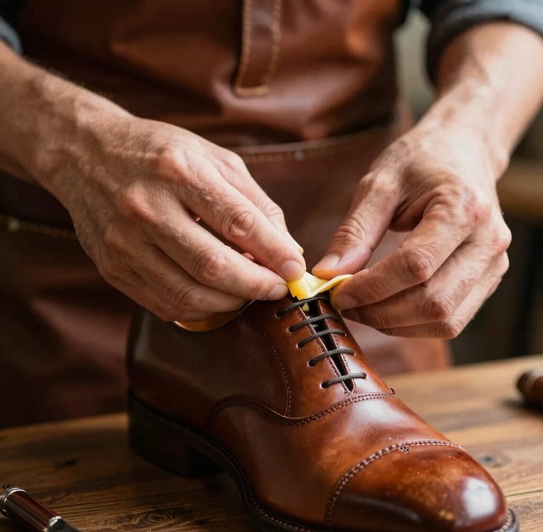 Macro shot of craftsman's hands in leather apron meticulously applying natural wax to a premium brown leather dress shoe, soft directional side-light, warm atmosphere, 35mm film style.