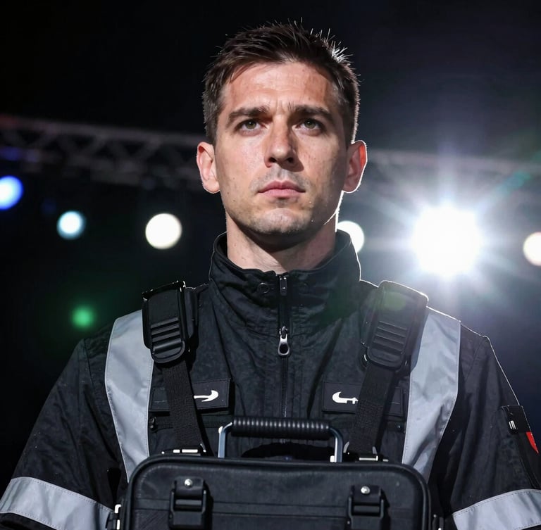 Close-up portrait of a medic in black high-vis event gear, focused expression, advanced medical kit visible, dramatic stage lighting spill, high-contrast, 35mm lens.