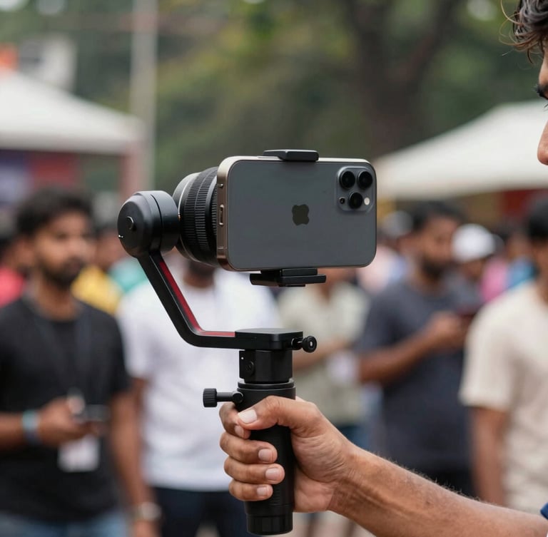 Dynamic close-up of a creator holding an iPhone on a professional gimbal, bright natural outdoor light, capturing a high-energy street dance event in Bengaluru.