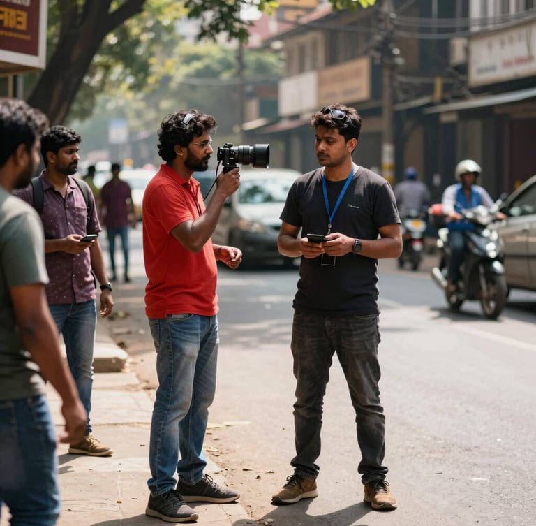 Vertical 9:16 frame showing behind-the-scenes energy of a fast-paced commercial shoot on a sunny street in Bangalore, vibrant colors