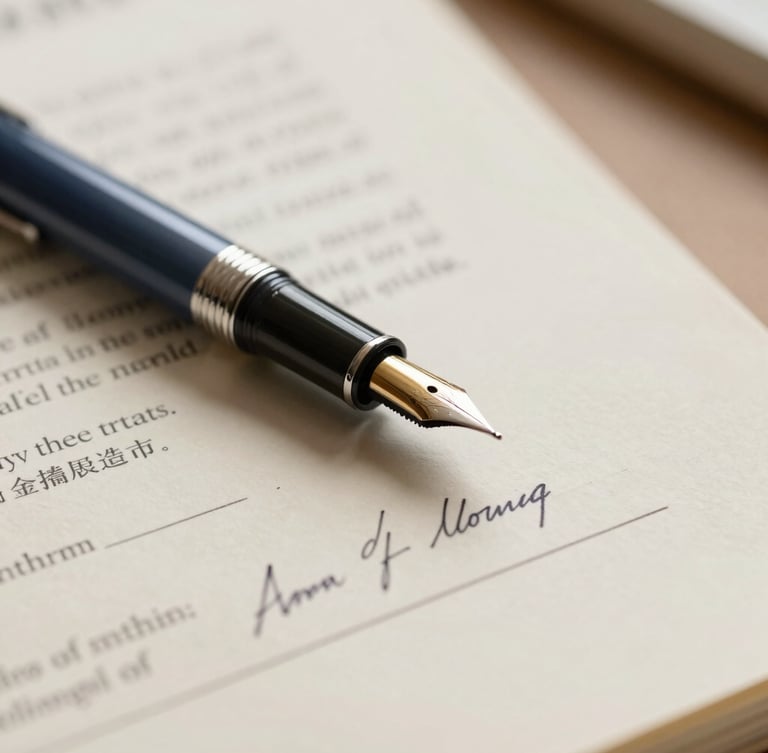 Macro shot of a high-quality fountain pen resting on a signed legal contract, soft natural daylight, shallow depth of field, warm cream tones.