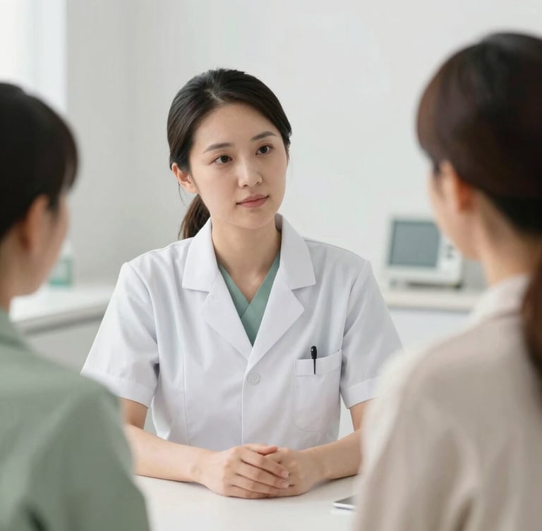 Medium shot of a professional female clinician in a clean uniform, conducting a personalized consultation with a client in a serene, modern clinical setting, soft natural lighting, professional and calm aesthetic