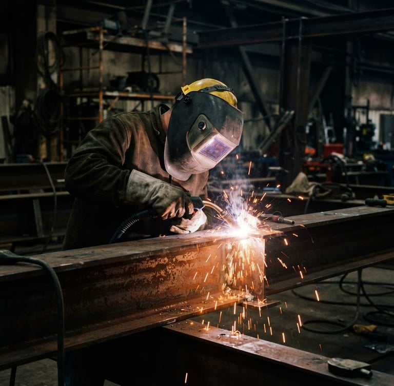 Close-up of a certified welder working on heavy structural steel, dramatic sparks, safety orange glow, dark industrial background, 35mm lens