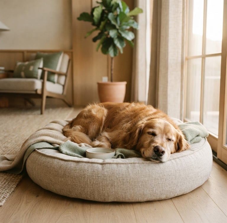 Warm editorial photography of a happy golden retriever resting on a plush orthopedic dog bed inside a pristine, sunlit luxury suite with minimalist wood and sage accents, soft morning light, shallow depth of field.