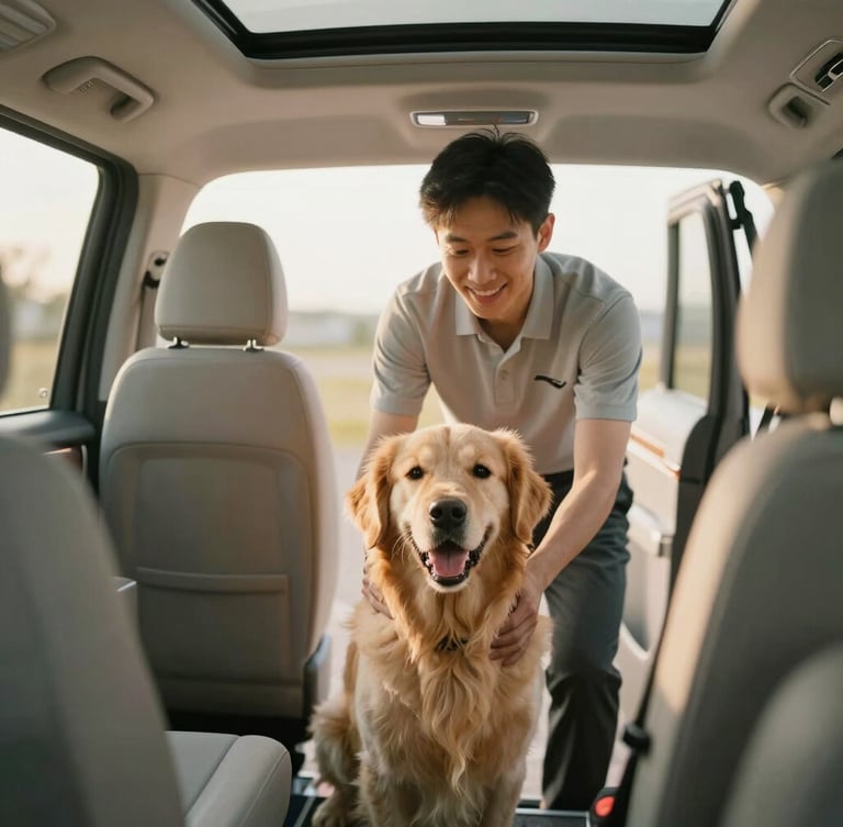 Warm editorial portrait of a professional driver gently welcoming a happy golden retriever into a clean, modern, air-conditioned premium pet transport vehicle, soft morning light.
