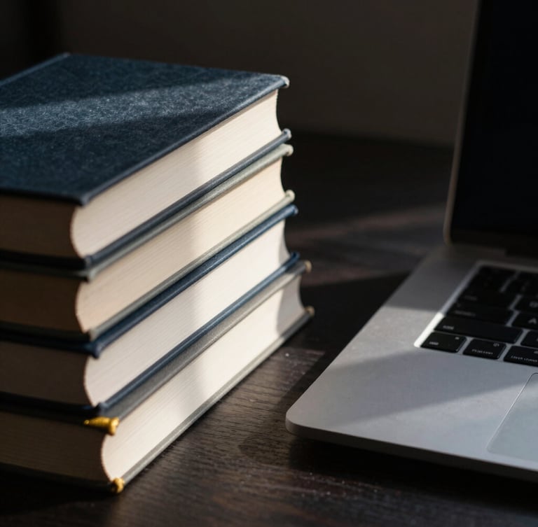 A dark, high-contrast macro photograph of a structured workspace, displaying physical academic books stacked neatly next to a modern high-end laptop, soft directional daylight casting sharp clean shadows, gold accents subtly visible.