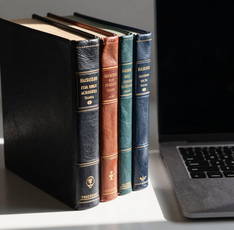 Macro view of structured leather-bound academic journals aligned next to a modern dark aluminum laptop, sharp morning light casting long geometric shadows