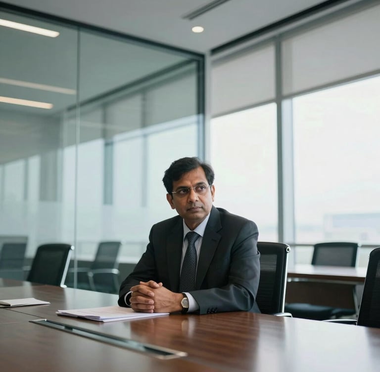 A focused Indian corporate leader in a modern glass boardroom, clean architectural lines, high-contrast natural light, medium-wide environmental portrait.
