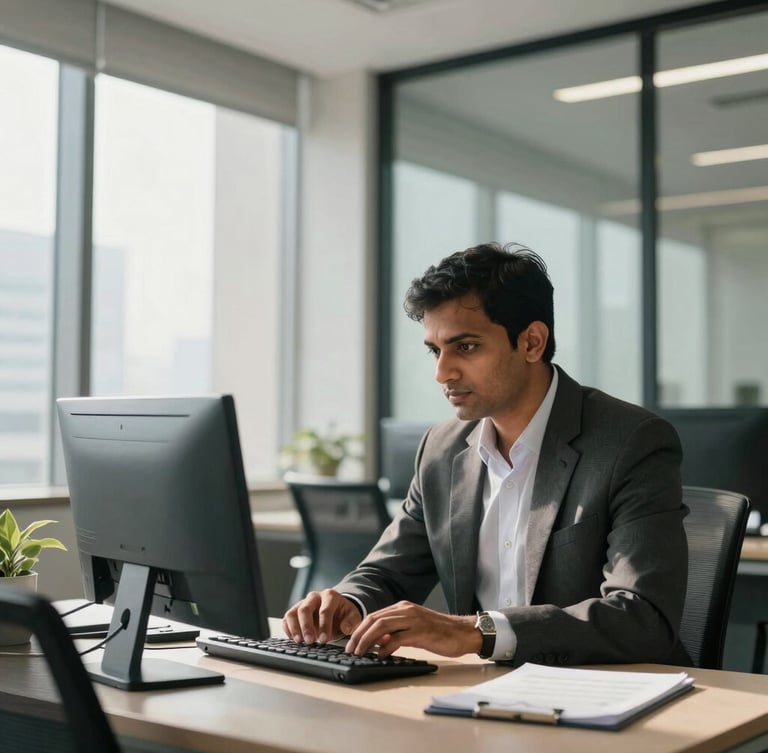 A focused Indian professional collaborating in a modern, sunlit corporate office in Mumbai, clean architectural lines.