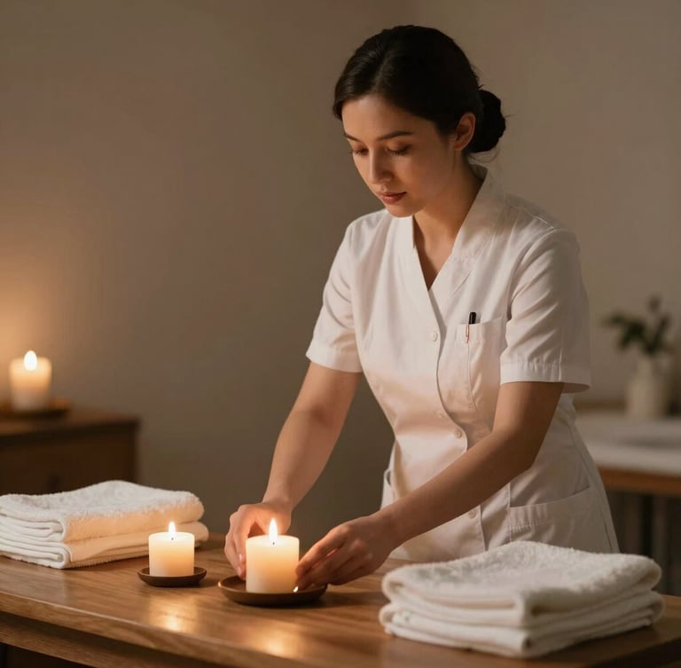 A professional therapist in a clean white uniform setting up aromatherapy candles and folded towels on a wooden table, warm ambient lighting