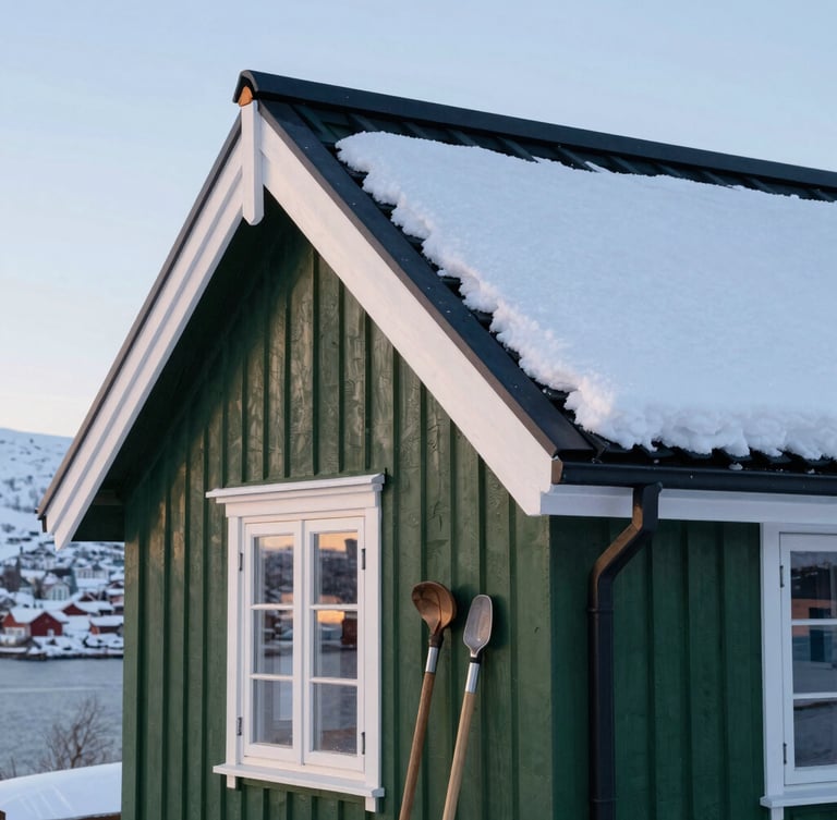Crisp outdoor photography of a traditional Norwegian hytte in Vadsø, snow-dusted roof, soft golden hour light, clean tools leaning on the wall, 35mm