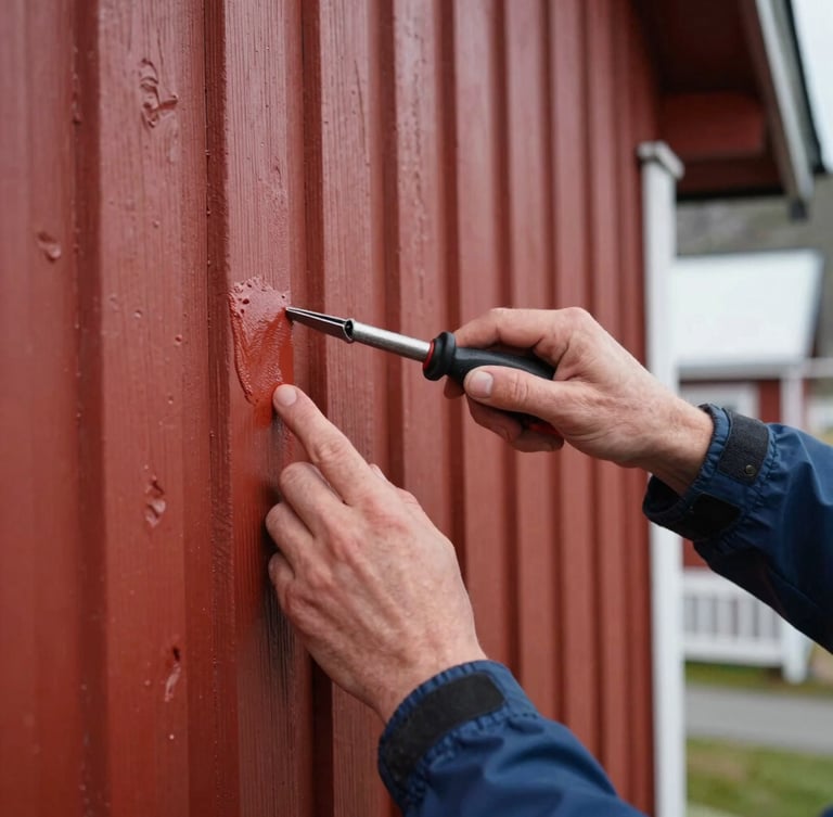 Hands-on maintenance work in Vadsø, close-up of hands painting a classic red wooden cabin wall, clean tools, soft natural daylight, 35mm