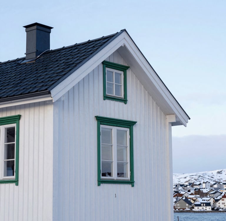 Crisp outdoor photography of a traditional wooden house in Vadsø, soft morning Arctic light, clean Scandinavian tones, deep blue accents, 35mm