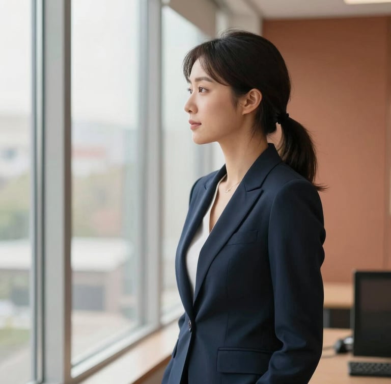 A professional woman in a navy blazer looking thoughtfully out of a bright office window, soft natural daylight, warm terracotta accent tones, shallow depth of field.