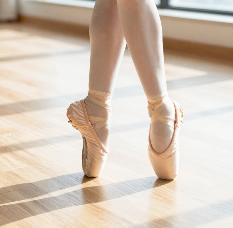 Close-up of laced pink ballet slippers and modern dance shoes on a sun-drenched light oak studio floor, bright high-key daylight, 35mm