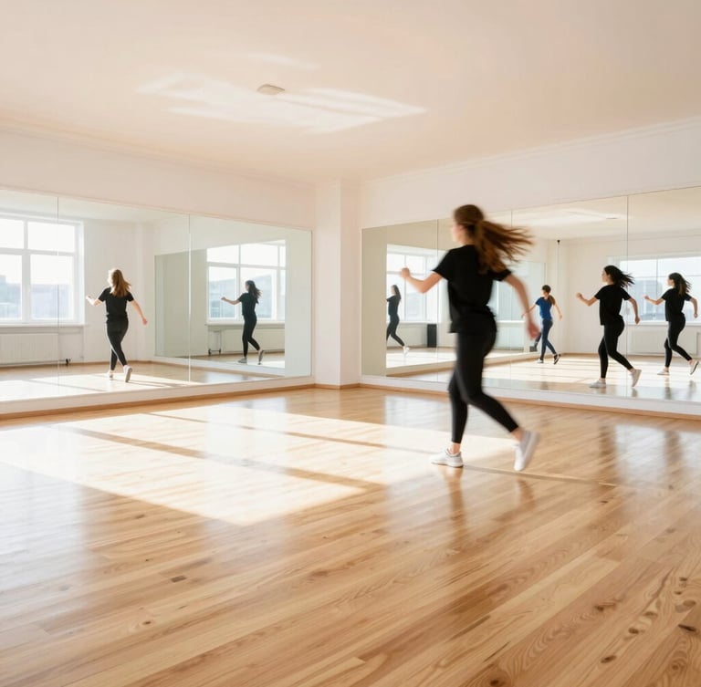 Bright sun-drenched dance studio with light wood floors, large mirrors reflecting daylight, clean white walls, wide angle 35mm