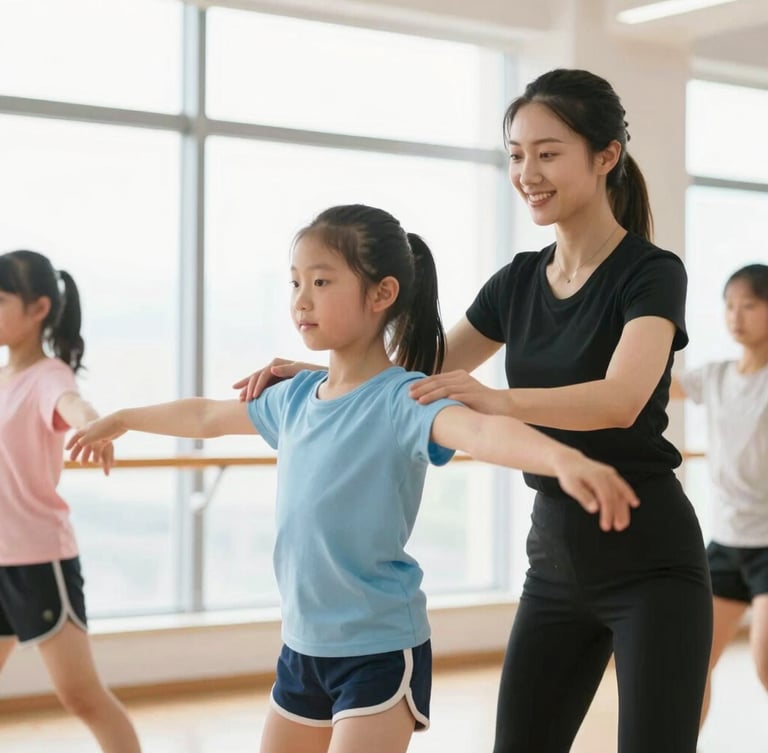 Smiling professional dance instructor guiding a young student in a bright, daylight-filled studio, soft motion blur, warm encouraging energy