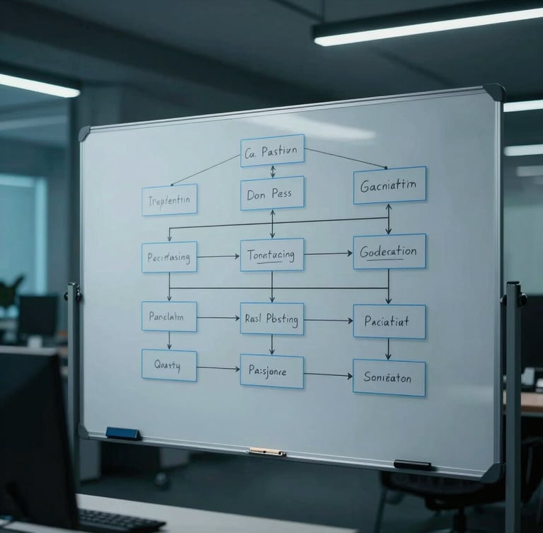 Medium-close cinematic corporate photography of a modern high-tech workspace in Pakistan, a developer whiteboarding system architecture under cool-toned ambient glows, shallow depth of field