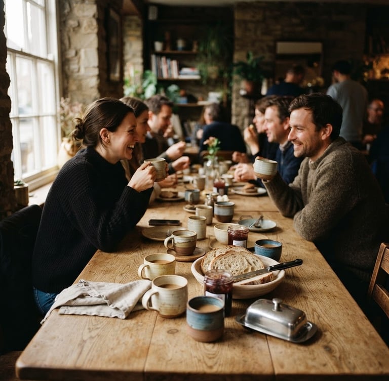 A long wooden communal table lit by soft window light, ceramic cups and fresh bread, warm shadows, moody editorial photography, 35mm film aesthetic