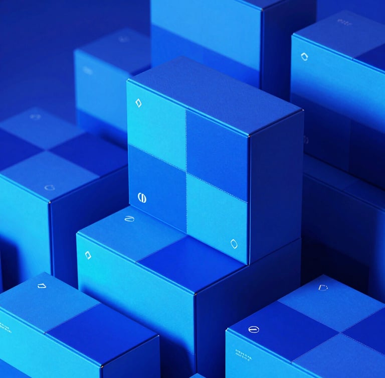 Vibrant studio photography of modern luxury product boxes stacked with sharp geometric shadows, saturated electric blue gel lighting