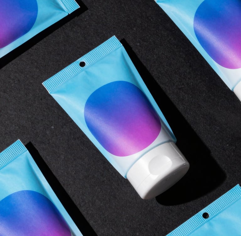 Tight macro top-down flat lay of high-fidelity physical cosmetic packaging mockups on a matte black surface, dramatic studio lighting with hard shadows and electric blue color-gel accents.