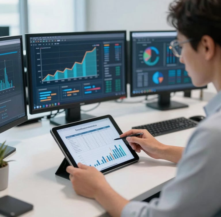 Profissional analisando dados financeiros em um tablet em um escritório moderno e organizado, luz natural fria, com gráficos digitais no fundo.