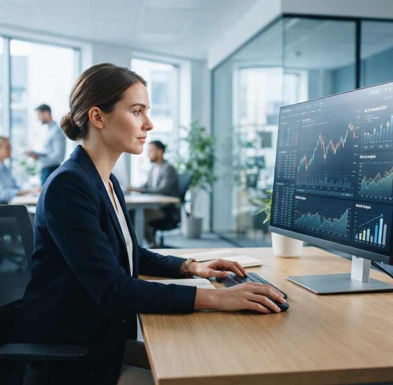 Modern corporate environment, professional analyzing financial data on a clean screen, bright cool-toned daylight, 35mm lens, image on the right bleeding to the edge.