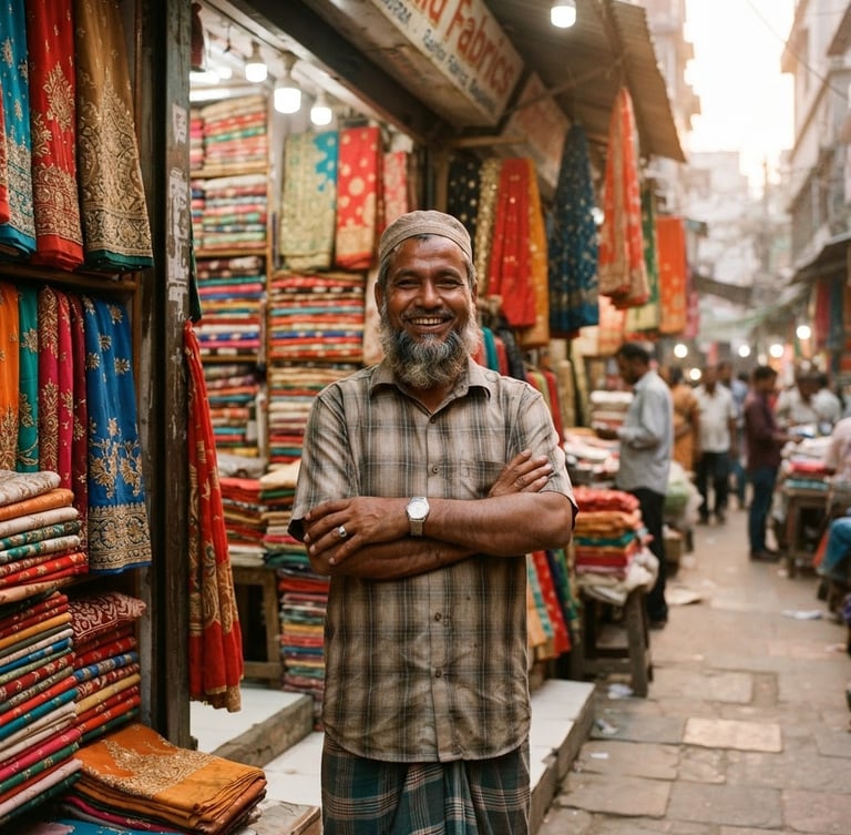 Environmental portrait of a proud Bangladeshi merchant standing in front of his colorful fabric shop in Dhaka, warm golden-hour light illuminating rich textiles, 35mm photography.