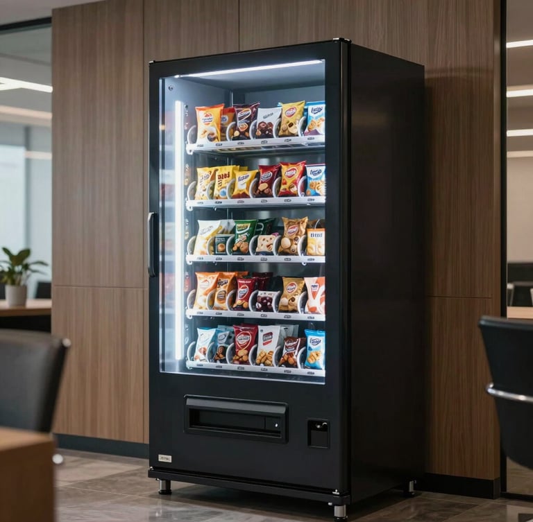 A sleek, modern glass-front vending machine stocked with premium snacks, integrated into a polished office pantry wall