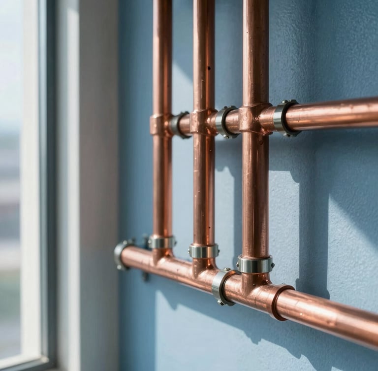 Close-up of clean, newly installed copper pipe networks in a modern mechanical room, bright natural daylight, sharp focus on technical joints, cool blue and slate tones