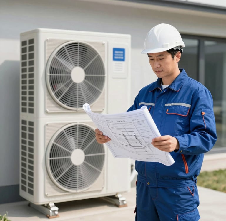 A professional engineer in clean branded gear looking at blueprints next to a modern outdoor heat pump unit, bright natural daylight, architectural composition