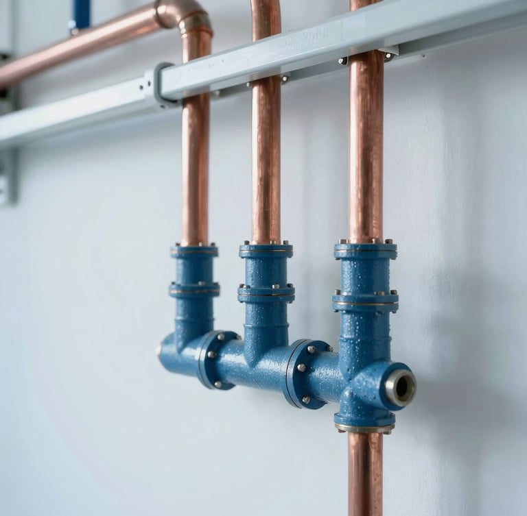Close-up of clean, newly installed copper pipe network in a bright mechanical room, sharp focus on technical joints, cool blue tones, professional architectural photography