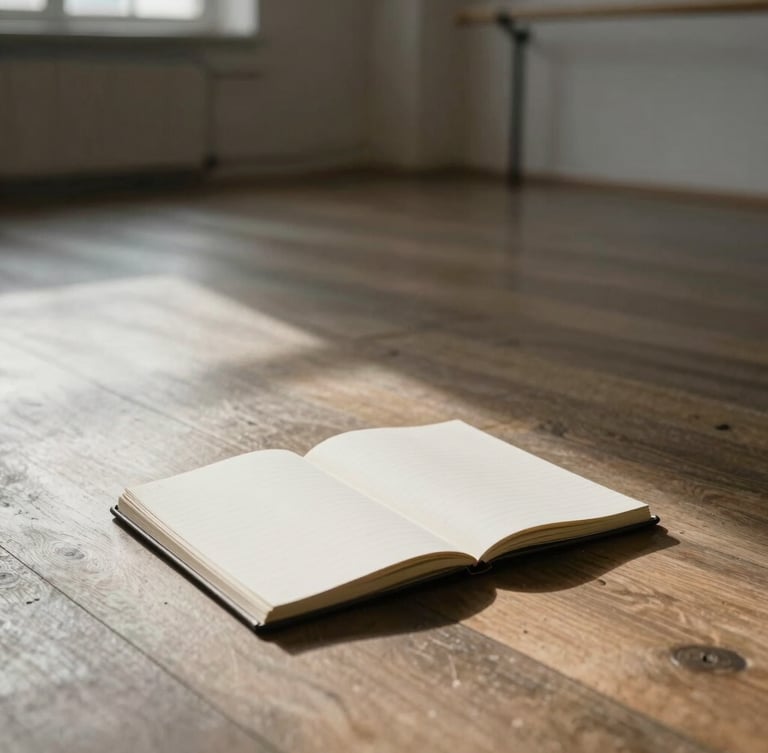 Quiet editorial photography of an empty sunlit dance studio, a clean notebook open on the wooden floor, soft side-lit atmosphere, 35mm.