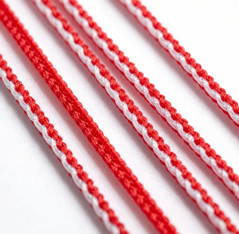 Macro close-up shot of the dual-tone red and white braided nylon cable texture, high-key studio lighting, sharp shadows