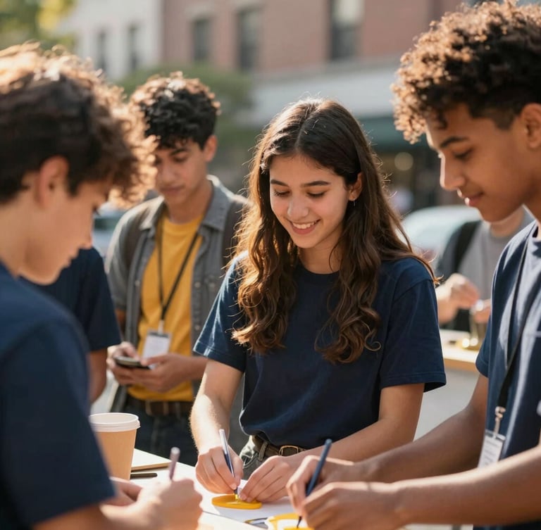 Candid medium shot of diverse NYC teenagers collaborating on a community project, warm natural golden-hour light, shallow depth of field, authentic smiles