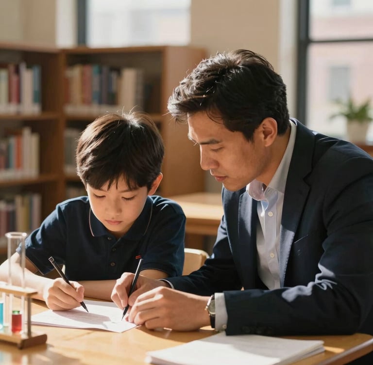 A young student and a mentor working together on a science project in a sunlit New York City library, warm natural light, shallow depth of field.