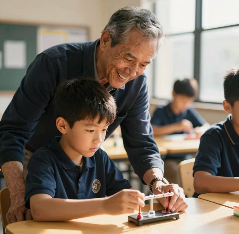 Candid medium shot of a smiling veteran mentor guiding a young boy through an educational science project, warm natural daylight, shallow depth of field, NYC community center