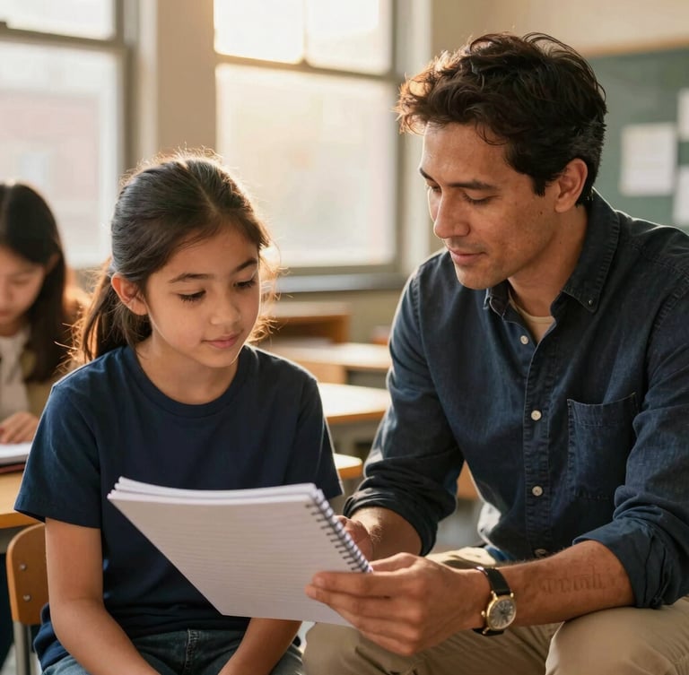 Warm editorial photography of a mentor guiding a young student with a notebook in a bright New York City community center, soft golden-hour light