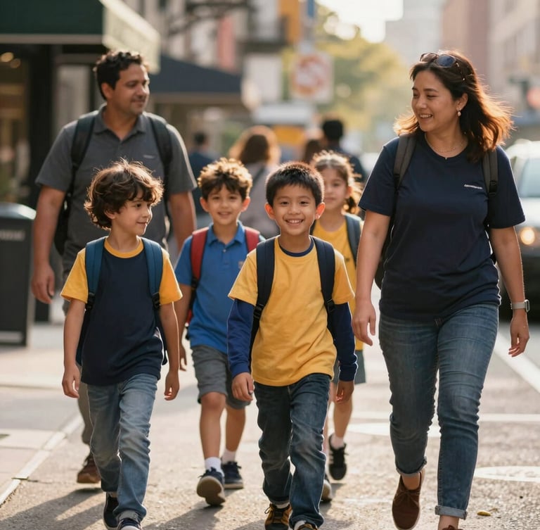 Warm natural light on a diverse group of smiling children walking with their adult mentors down a New York City street, shallow depth of field, authentic moments